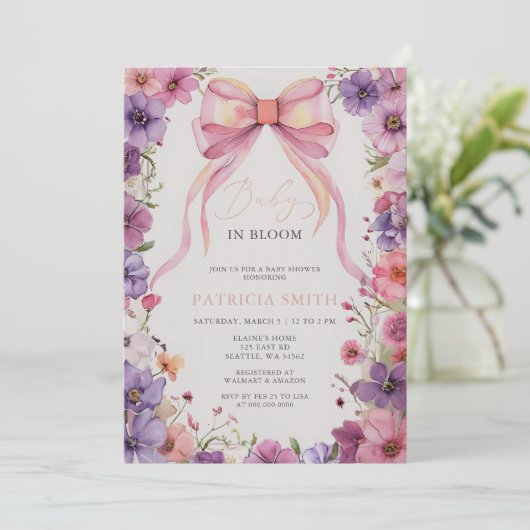 Baby in Bloom Pink Bow Wildflowers Baby shower Kaart (Staand voorkant)