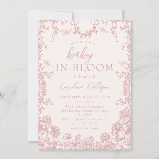 Baby in Bloom Pink Chinoiserie Baby shower Kaart (Voorkant)