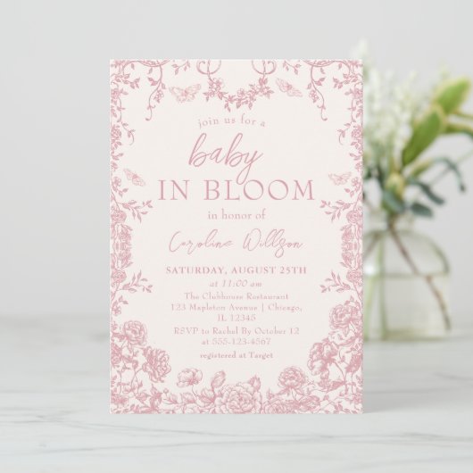 Baby in Bloom Pink Chinoiserie Baby shower Kaart (Staand voorkant)