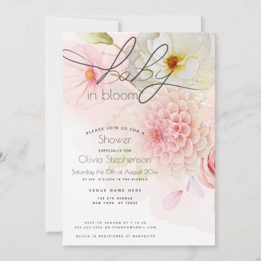 Baby in Bloom Pink Dahlia Floral Baby shower Kaart (Voorkant)