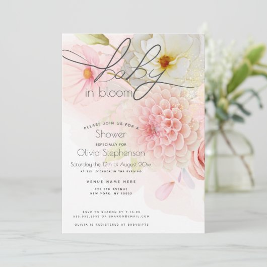 Baby in Bloom Pink Dahlia Floral Baby shower Kaart (Staand voorkant)