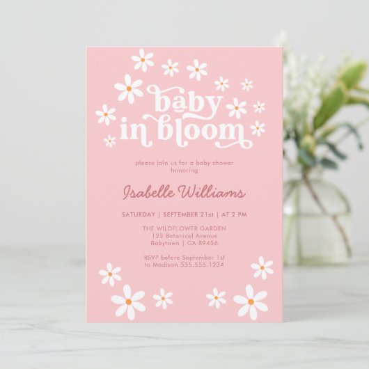 Baby in Bloom Pink Daisy Baby shower Invitation Kaart (Staand voorkant)