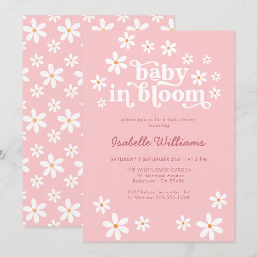 Baby in Bloom Pink Daisy Baby shower Invitation Kaart (Voorkant / Achterkant)