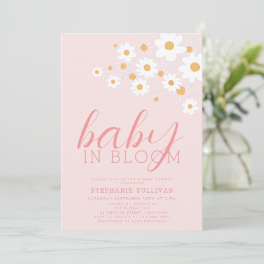Baby in Bloom Pink Daisy Baby shower Kaart (Staand voorkant)