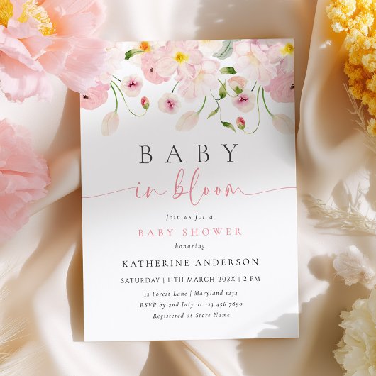 Baby In Bloom Pink Floral Baby Shower Invitation Kaart