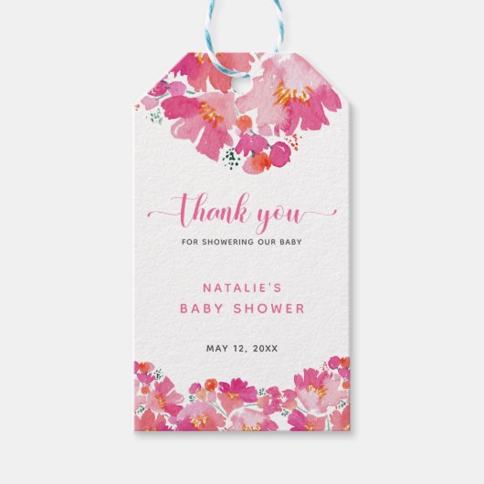 Baby in Bloom Pink Floral Dank u Waterverf Cadeaulabel (Voorkant)