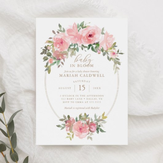 Baby in Bloom Pink Floral Greenery Baby shower Kaart