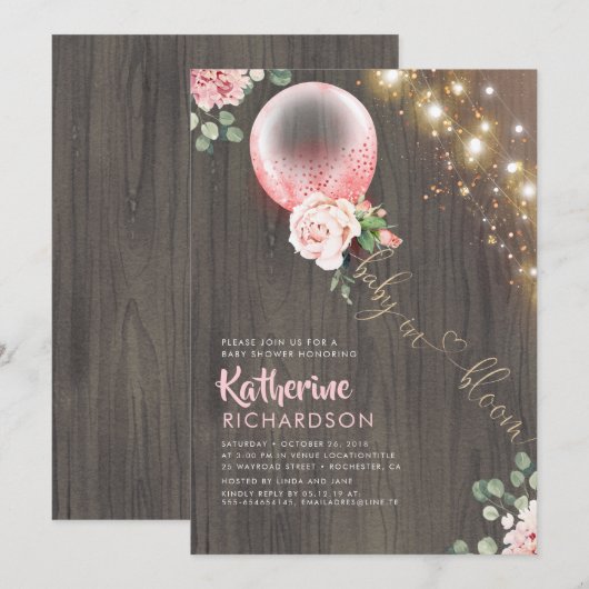Baby in Bloom Pink Gold Balloon Rustisch Baby show Kaart (Voorkant / Achterkant)