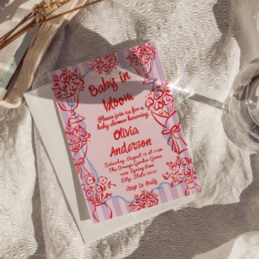 Baby in Bloom Pink Hand Drawn Flowers Baby shower Kaart