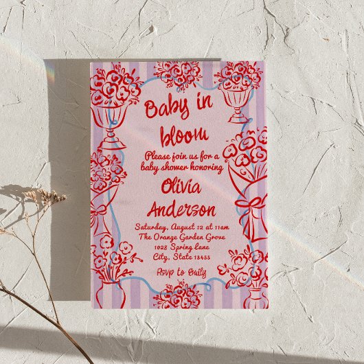 Baby in Bloom Pink Hand Drawn Flowers Baby shower Kaart