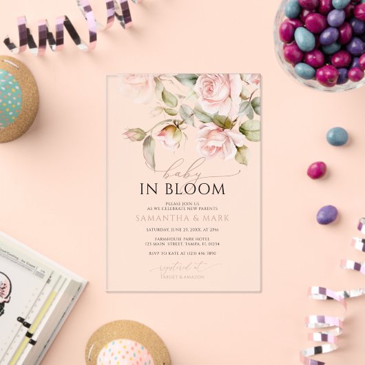 Baby in Bloom Pink Rose & Greenery Baby shower Acryl Uitnodigingen (Insitu (Viering))