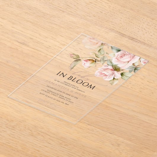 Baby in Bloom Pink Rose & Greenery Baby shower Acryl Uitnodigingen (Laagn)