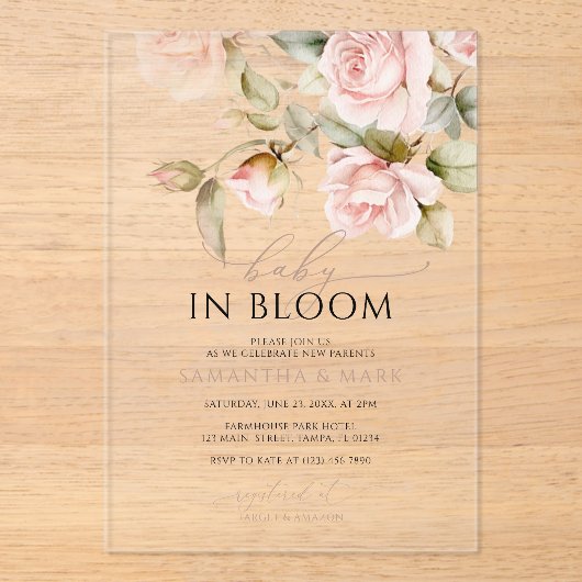 Baby in Bloom Pink Rose & Greenery Baby shower Acryl Uitnodigingen (Voorkant)