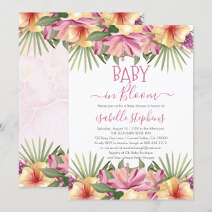 Baby in Bloom Pink Tropical Floral Baby shower Inv Kaart