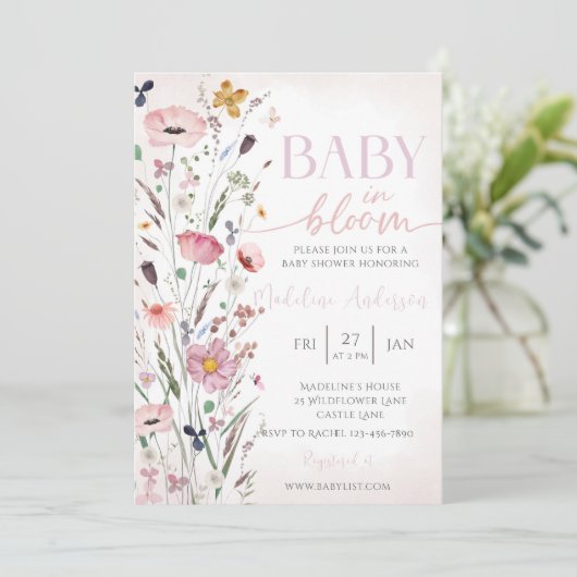 Baby in Bloom Pink Wildflower Baby shower Kaart (Staand voorkant)