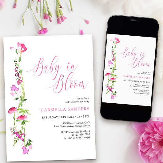 Baby in Bloom Pink Wildflower Baby shower Kaart