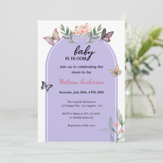 Baby in Bloom Purple Floral Butterfly Baby Shower  Kaart (Staand voorkant)