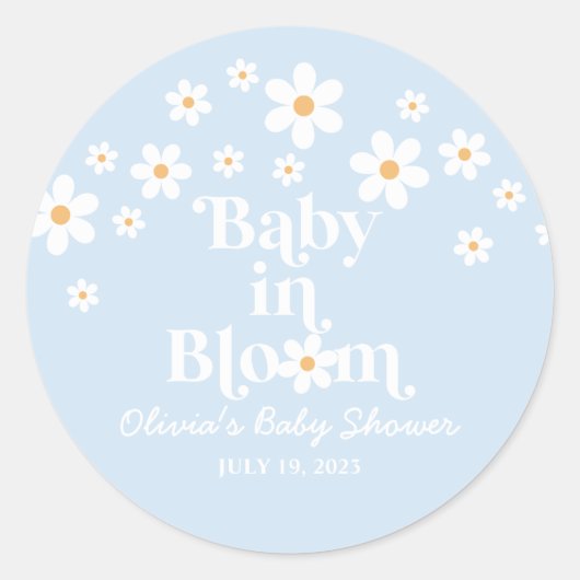 Baby in Bloom! Retro Daisy blauw boho Baby shower Ronde Sticker (Voorkant)