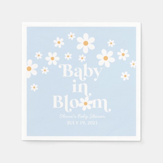 Baby in Bloom! Retro Daisy blauw boho Baby shower Servet (Voorkant)