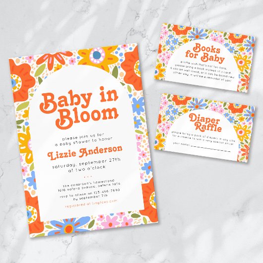 Baby in Bloom Retro Groovy Wildflowers Baby shower Kaart