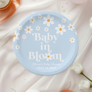 Baby in Bloom! Retro madeliefje blauwe boho baby s Papieren Bordje