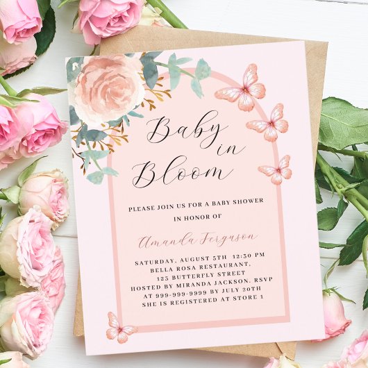 Baby in Bloom roos vlinderboog Baby shower