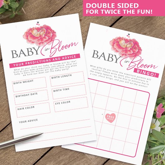 Baby in bloom roze baby shower bingo voorspellinge flyer