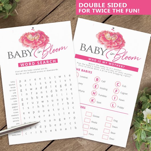 Baby in bloom roze baby shower woord zoeken flyer