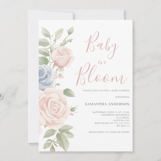 Baby in Bloom Roze Blauw Bloemen Baby shower Kaart (Voorkant)