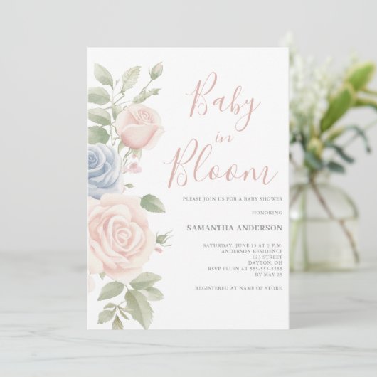 Baby in Bloom Roze Blauw Bloemen Baby shower Kaart (Staand voorkant)