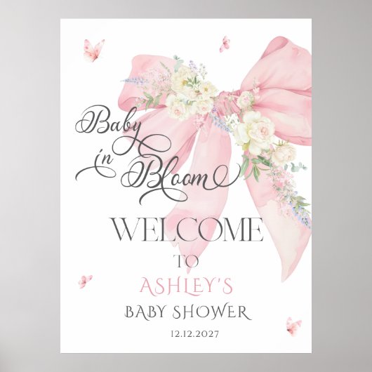 Baby in Bloom Roze Bloemen Bow Baby shower Welkom Poster (Voorkant)