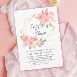 Baby in Bloom Roze Bloemen Goud Lijst Baby shower Kaart