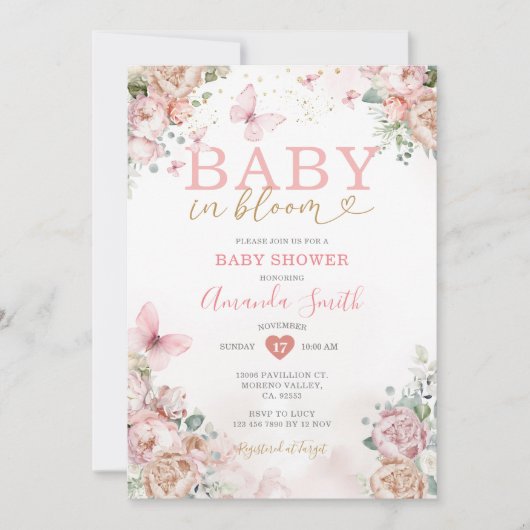 Baby in Bloom Roze Bloemen Meisje Baby shower Kaart (Voorkant)