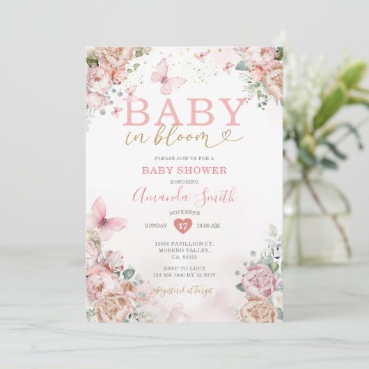 Baby in Bloom Roze Bloemen Meisje Baby shower Kaart (Staand voorkant)