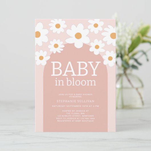 Baby in Bloom Roze Daisy Baby Shower Uitnodiging  (Staand voorkant)