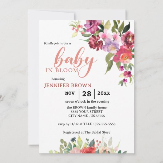 Baby in Bloom | Roze florale waterverf Shower Kaart (Voorkant)