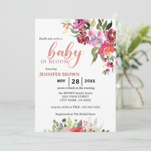 Baby in Bloom | Roze florale waterverf Shower Kaart (Staand voorkant)