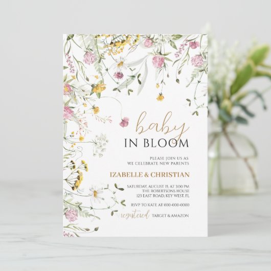 Baby in Bloom Roze & Gele Wilde Bloemen Shower Kaart (Staand voorkant)