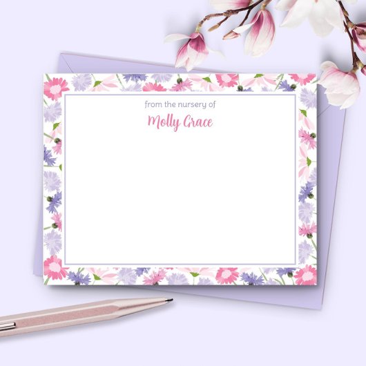 Baby in Bloom Roze Paarse Wildflower Nieuwe Baby M Bedankkaart