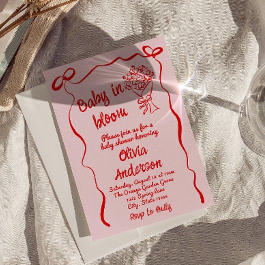 Baby in Bloom Roze Rood Getrokken Bloem Boeket Dou Kaart