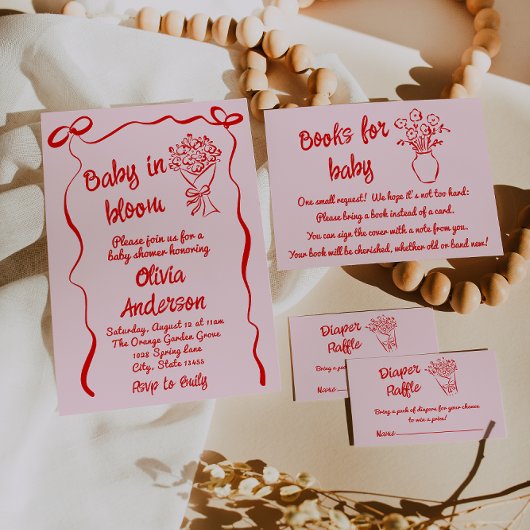 Baby in Bloom Roze Rood Getrokken Bloem Boeket Dou Kaart