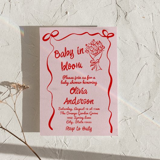 Baby in Bloom Roze Rood Getrokken Bloem Boeket Dou Kaart