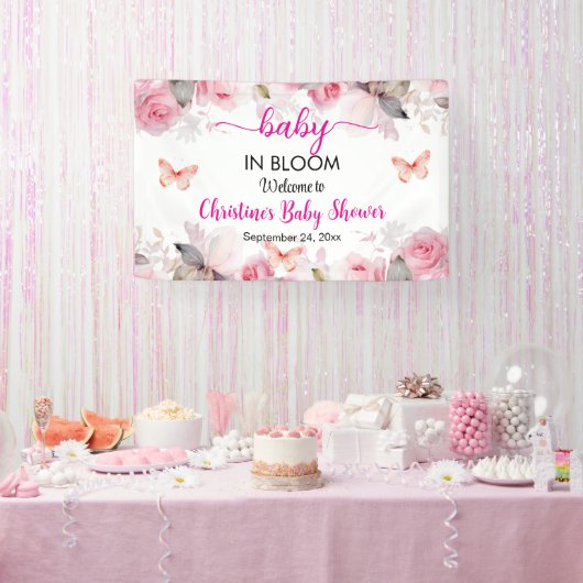 Baby in Bloom Roze Rozen Baby Shower Achtergrond Spandoek (Feest)