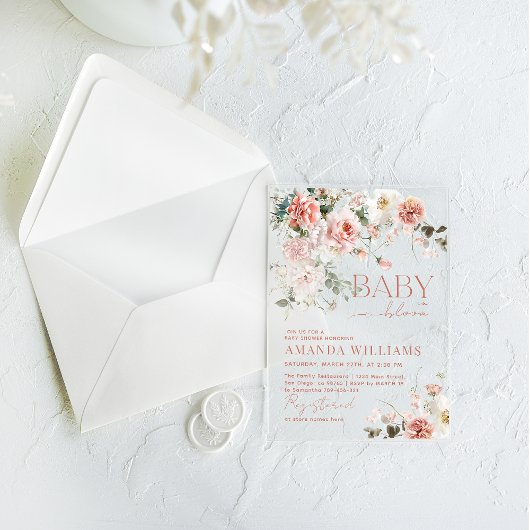 Baby in Bloom Roze Rozen Bloemen Meisje Baby showe Acryl Uitnodigingen
