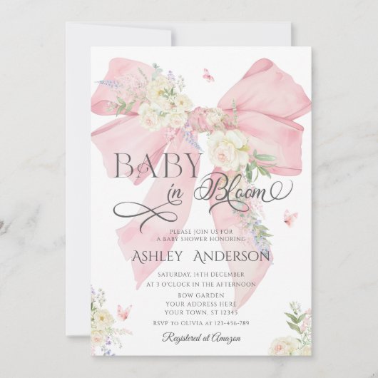 Baby in Bloom Roze strik & Bloemen Baby shower Kaart (Voorkant)