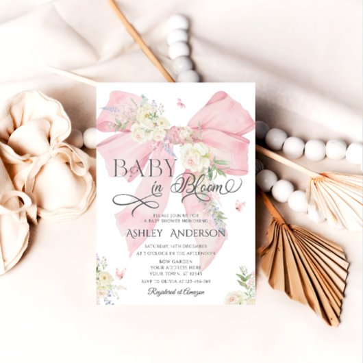 Baby in Bloom Roze strik & Bloemen Baby shower Kaart