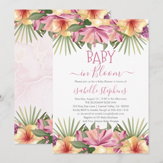 Baby in Bloom Roze Tropische Bloemige Baby Shower  Kaart (Voorkant / Achterkant)