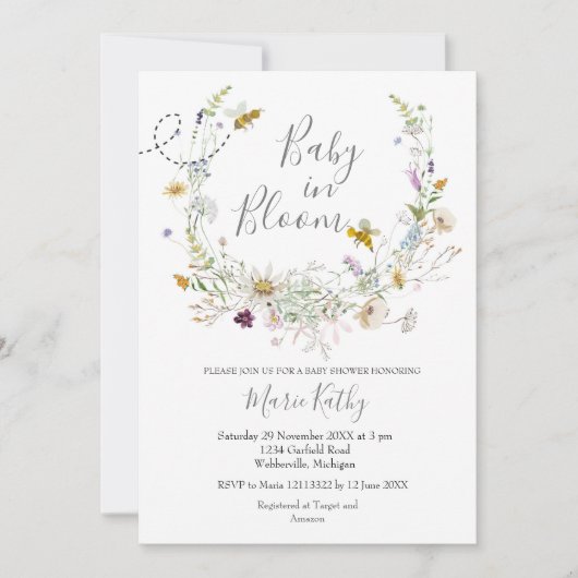 Baby in Bloom Rustic Bee Wildflower Uitnodiging (Voorkant)