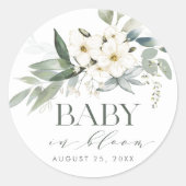 BABY IN BLOOM Rustieke Elegante Baby Shower Ronde Sticker (Voorkant)