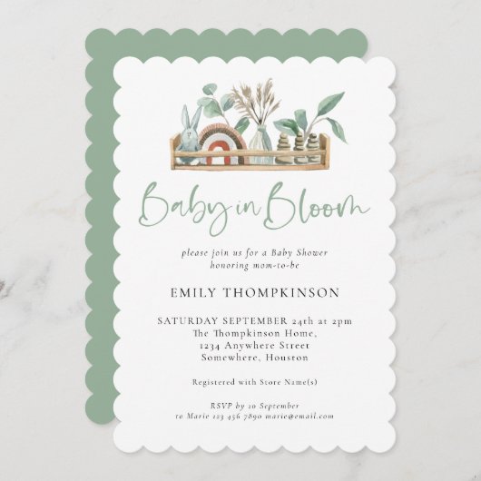 Baby in Bloom Sage Boho Toys Shower Invitation Kaart (Voorkant / Achterkant)